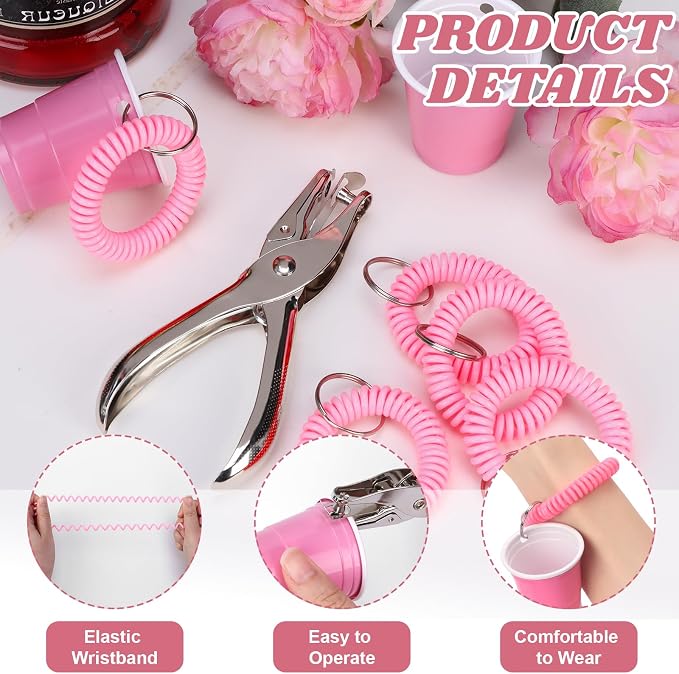 100 Pcs Pink Stretchable Wristband for Shot Cups Wrist Coil Keychain with Hole Puncher Plastic Wristlet Keychain Kit for Shot Tasting Glasses Sports Game Party Supplies