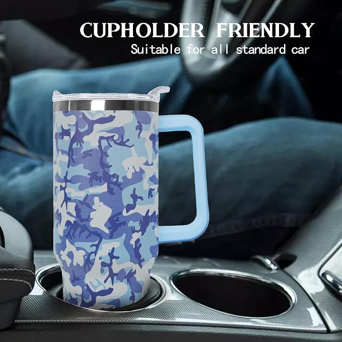 Ceovfoi 40oz Blue Camo Tumbler with Handle Lid Straw, Vacuum Insulated Coffee Mug Water Bottle, Camouflage Decor Gifts for Men Women
