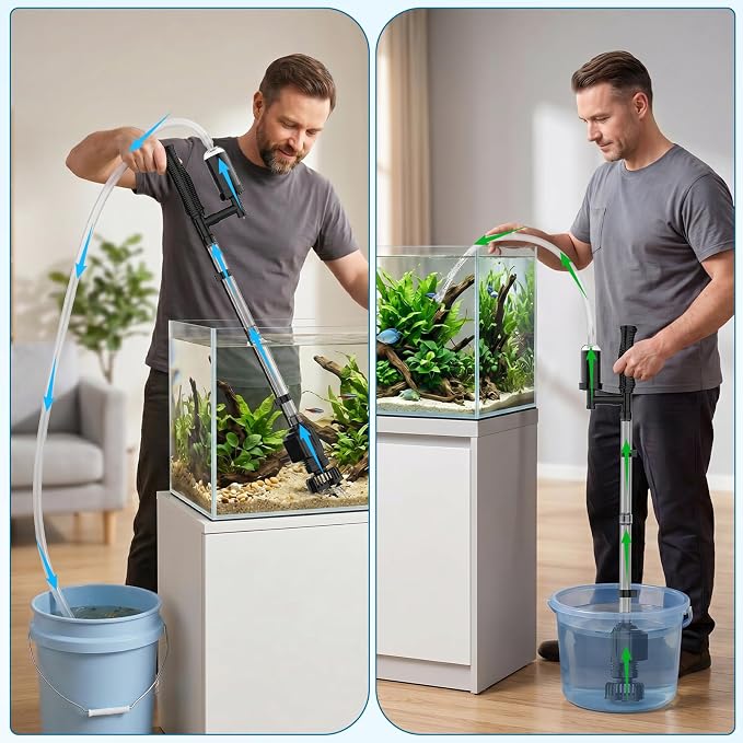 AQQA Electric Aquarium Gravel Cleaner, 6-in-1 Fish Tank Vacuum with Anti-Clog Gravel Barrier, Sand Washer, Water Changer, Filter Bag, Adjustable Flow & Water Circulation, 320GPH for 15+ Gallon Tanks