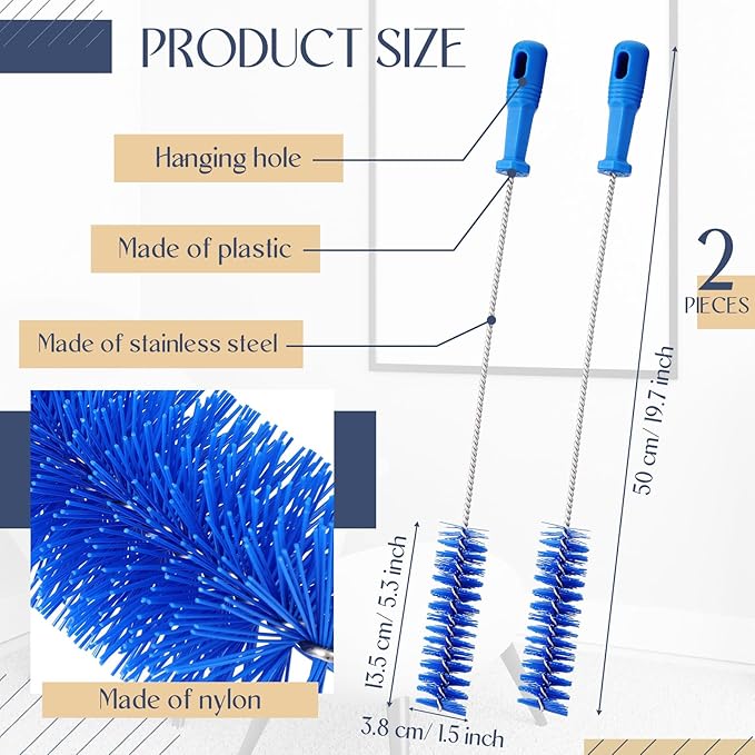 Baderke 2 Pieces Drain Brush Pipe Cleaning Tube Brushes 19.7 Inch Plastic Shower Pipe Flexible Cleaning Tool(Blue,19.7 x 1.5 Inch)