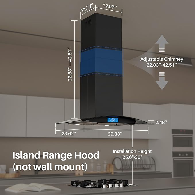 FIREGAS Black Island Range Hood 30 Inch, 700 CFM Island Kitchen Hood with Touch & Gesture Control, 3 Speed Fan, LED Lights, Ducted/Ductless Convertible Stove Vent Hood