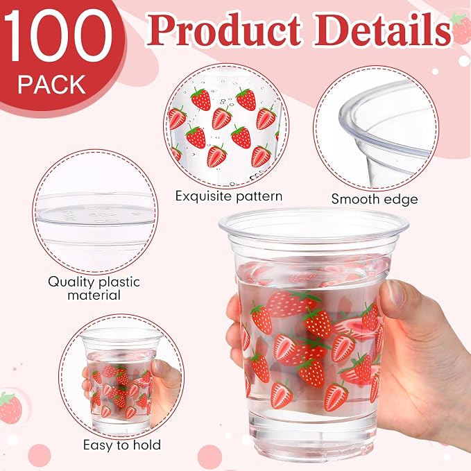 Jingmore 100 Pcs Strawberry Disposable Cups 16 oz Clear Plastic Drinking Cups Bulk for Spring Summer Holiday Birthday Wedding Juice Hot Cold Drinks Party Supplies(Strawberry)