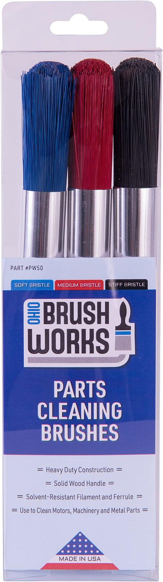 Ohio Brush Works, Parts Cleaning Brush, Handmade in The USA, Home and Auto Use, Solid Ergonomic Wood Handle (3 Pack - Soft, Medium, Stiff)