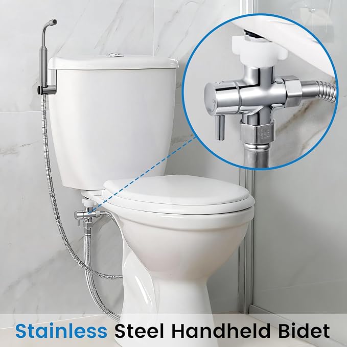 Handheld Toilet Bidet Sprayer for Toilet - Adjustable Flush Angle & Water Pressure for Bathroom Diaper Shower, All Brass Handheld Bidet Sprayer with Superior Complete Spray Hoses Kit (Grey)