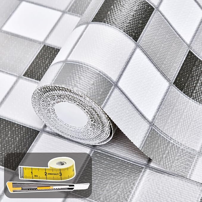Drawer and Shelf Liner for Kitchen Cabinet: 23.6 in X 20 Ft Non Slip Waterproof Shelf Paper Non Adhesive Refrigerator Liners Gray Mosaic Easy Liners for Bathroom