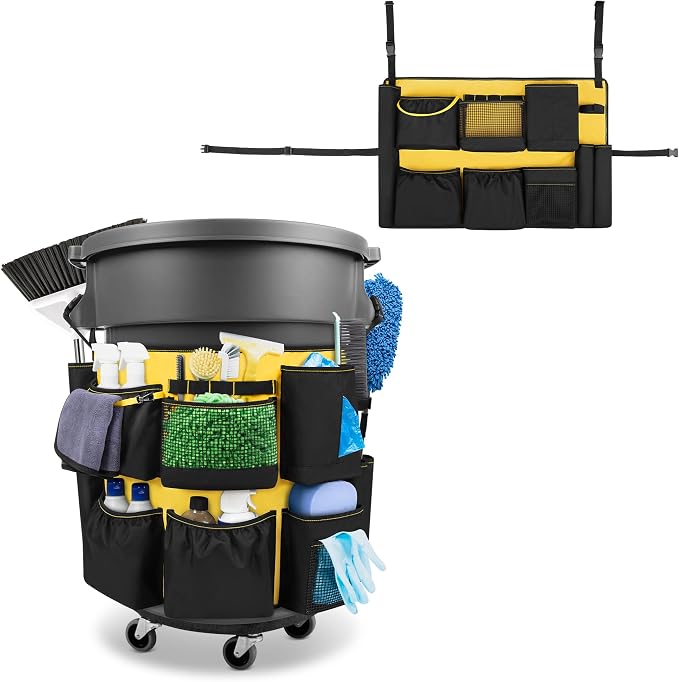 HODRANT 32-55 Gallon Trash Can Caddy Bag, Garbage Bin Apron Caddy with Multiple Pockets for Cleaning Supplies, Cleaning Tool Organizer with Adjustable Buckle for Janitorial Trash Can, Black+Yellow