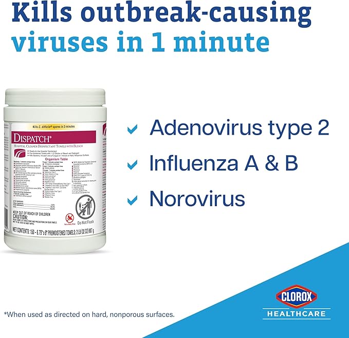 Dispatch Hospital Cleaner Disinfectant Towels with Bleach, 150 Count Canister, Pack of 8 (Package May Vary)