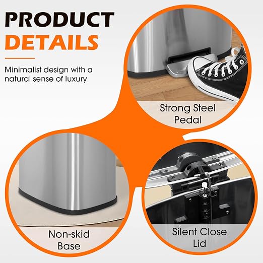 BestOffice 8 Gallon (30L) Trash Can with Lid Garbage Can Commercial Trash Can with Soft-Close Foot Pedal Fingerprint Proof Stainless Steel Can for Kitchen Home Office Bedroom Bathroom