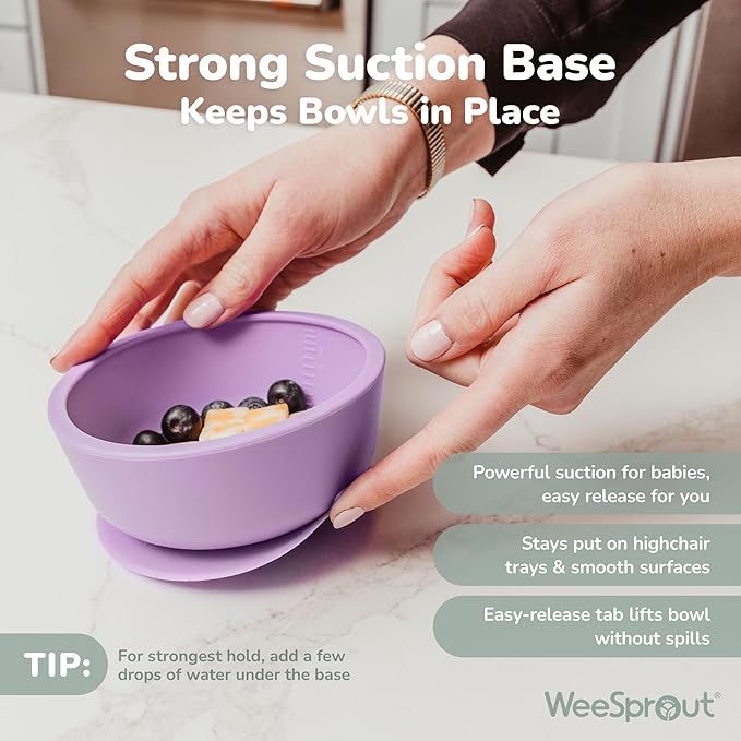 WeeSprout First Feeding Set - Silicone Baby Training Cup 2 Oz, Suction Bowl 10 Oz with Lid & 2 Baby Led Weaning Spoons - For Children 4+ Months - Non-Slip Grip - Dishwasher & Microwave Safe