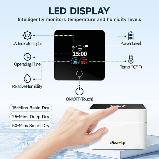 Hearing Aid Dryer, 15 min. Removes Sweat & Moisture, Rechargeable, Electric Hearing Aid Dehumidifier for Hearing Aids, Earbuds, Ear Amplifiers T90