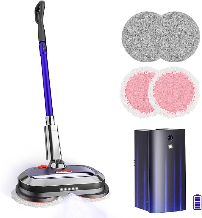 VMAI Electric Mop with Detachable Battery & 300ml Water Tank, Spin Mop with LED Headlight and Sprayer, for Hardwood, Tile, Laminate Floor, <50dB Working Noise