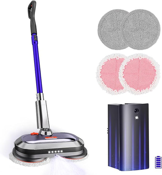 VMAI Electric Mop with Detachable Battery & 300ml Water Tank, Spin Mop with LED Headlight and Sprayer, for Hardwood, Tile, Laminate Floor, <50dB Working Noise