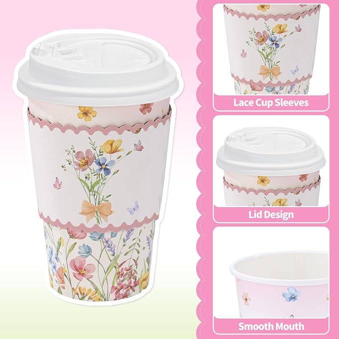 NatNarr 60 Pack Spring Wildflower Coffee Cup with Lids Sleeves, 12oz Insulated To Go Coffee Cups Disposable Butterfly Wildflower Paper Cup for Birthday Garden Wedding Baby Bridal Shower Supplies