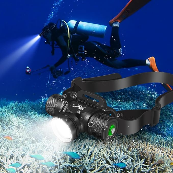 WINDFIRE Scuba Diving Light, Long Range Diving Flashlight Headlamp, 5 Modes Dive Flashlight, Ultra Bright IPX8 Waterproof Underwater 80 Meters Safety Snorkeling Head Light with Power Indicator
