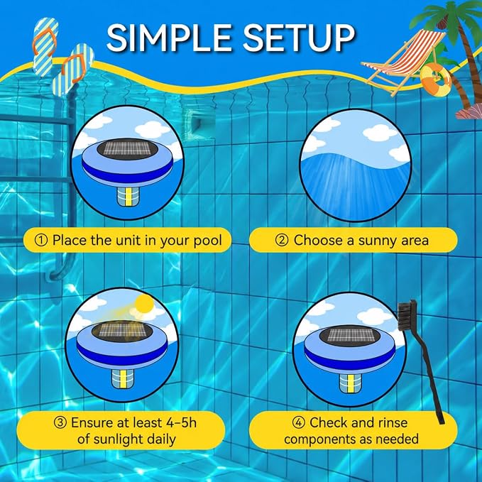 Solar Pool Water Care System for Above Ground & Inground Pools Up to 45,000 Gallons – Floating Solar-Powered Pool Maintenance Device with Copper Anode & Oversized Solar Panel