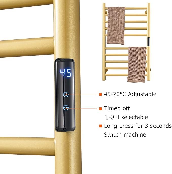 Gold Heated Towel Warmer Radiator Bathroom Accessories, Built-in Timer Temperature Control 10 Bars Electric Heated Towel Racks for Bathroom, Stainless Steel Towel Warmer Drying Rack, (Hardwired)