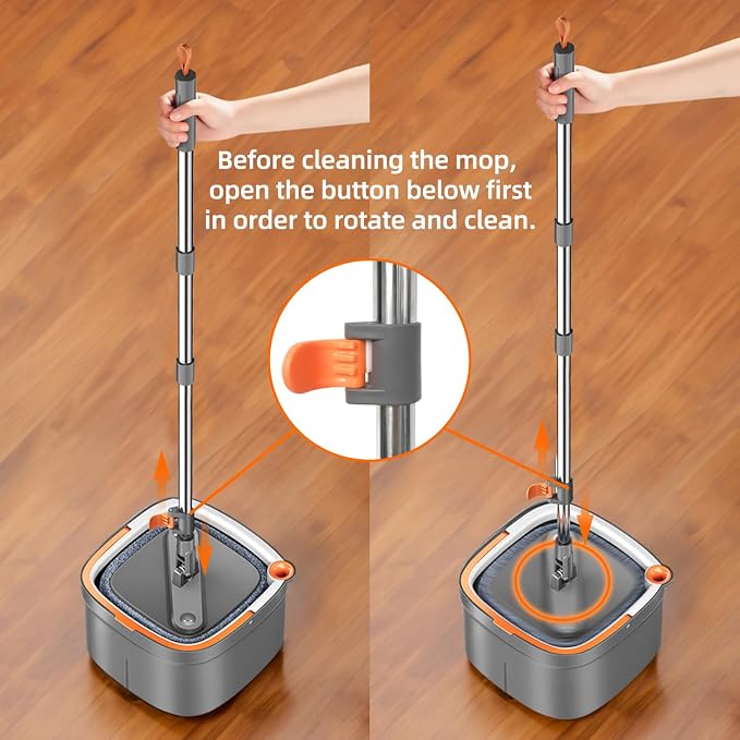 Spin Mop and Bucket Set with 10 Replaceable Microfiber Mop Pads with Self Separation Dirty and Clean Water System, Self Wringing 360° Rotating Square Mop Head for Hardwood Tile Marble Floors