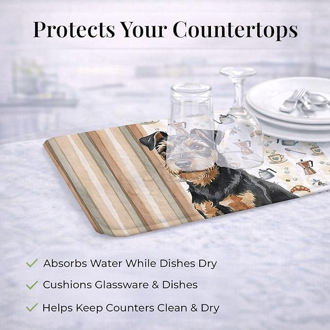 Caroline's Treasures Black and Tan Lakeland Terrier Coffee Bar Dish Drying Mat Absorbent Dish Drying Mat Pad for Kitchen Counter Dish Drainer Mat for Countertop, 14 x 21", Multicolor