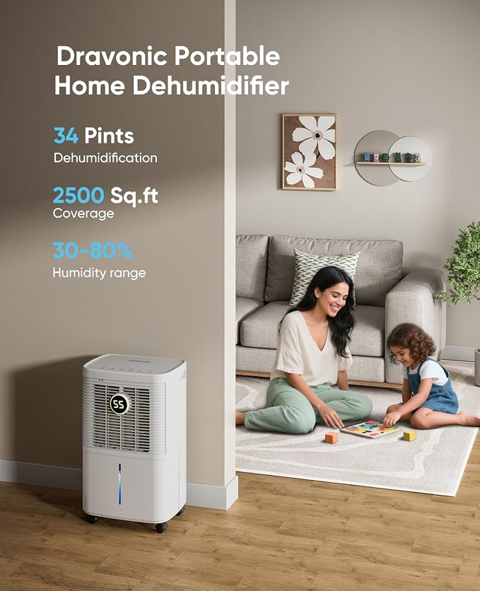 Dehumidifier for Home Bedroom & Bathroom, Basement & Large Room, Color-Changing Humidity Light, Quiet 40dB, Continuous Drain Hose, 3 Modes, Auto Humidity Control (White, 2,500 Sq.Ft)