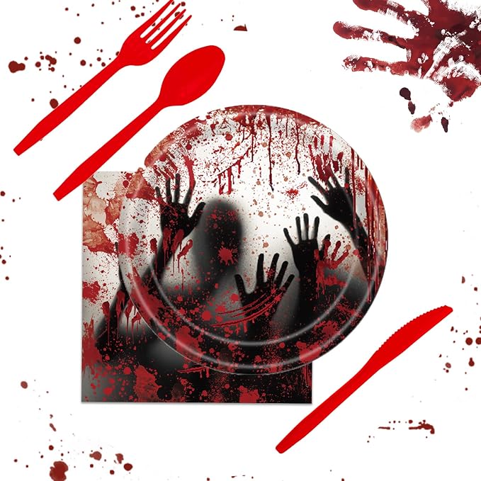 168 Pcs Bloody Halloween Supplies Serve 24 Zombie Horror Halloween Birthday Party Decorations Scream Bloody Good Time Party Plates and Napkins Dinnerware Set Horror Movie Decorations