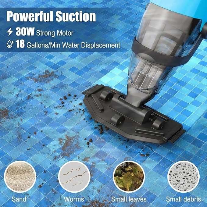 Pool Vacuum for Above Ground Pool, Cordless Handheld Rechargeable Pool Cleaner, 18 GPM Powerful Suction, 90 mins Runtime, 120μm Fine Filter, Leaf Vacuum Ideal for Inground Pool, Spa & Hot Tubs