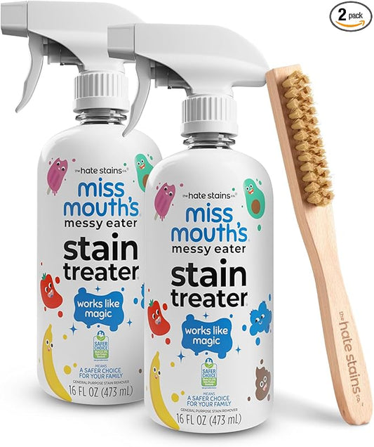 Miss Mouth’s Messy Eater Stain Treater Spray 2 pack 16oz and Laundry Brush - Pre-Treating Stains & Delicates