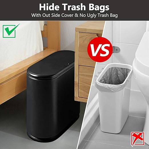 AIFUSI Trash Can, 10 Liter / 2.4 Gallon Plastic Slim Garbage Container Bin with Press Top Lid, White Waste Basket for Kitchen, Bathroom, Living Room, Office, Narrow Place（Black）