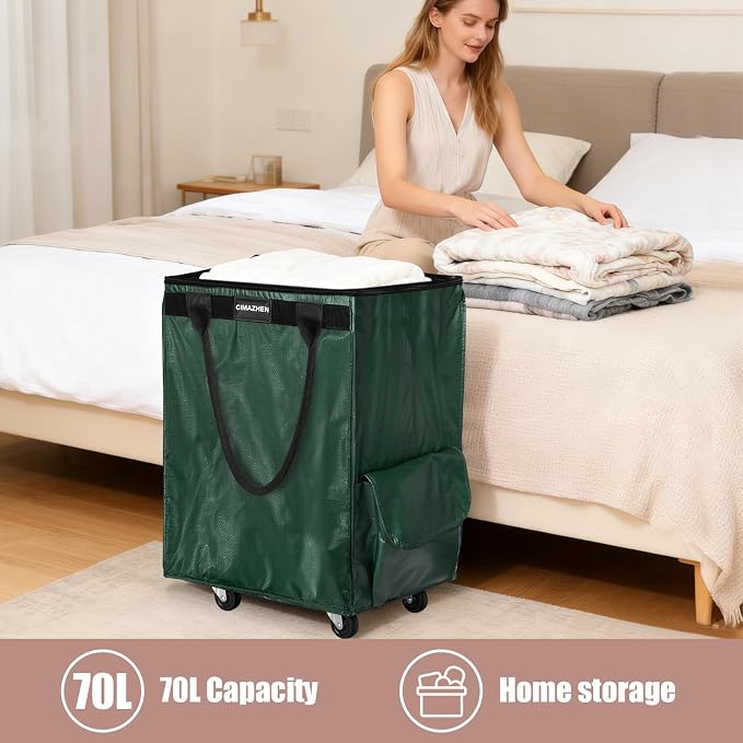 (Medium,Green) Reusable Grocery Bag on 4 Wheels, 70L Foldable Rolling Tote Bag with 3 Handles and Zipper, Rolling Shopping Cart for Groceries, Storage, Laundry, Travel, Organizer, 76lb