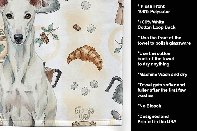 Caroline's Treasures White Greyhound Coffee Bar Kitchen Towel Velour Plush Front and Cotton Loop Back Machine Washable