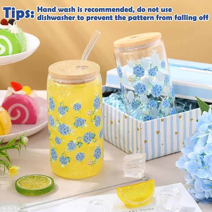 Sliner 2 Pcs Hydrangea Glass Cups Floral Gifts Flower Drinking Glasses 16 oz Iced Coffee Tumbler with Lid Straw Cute Beer Can Tumbler Holiday Gifts for Spring Summer Home Office Decorations