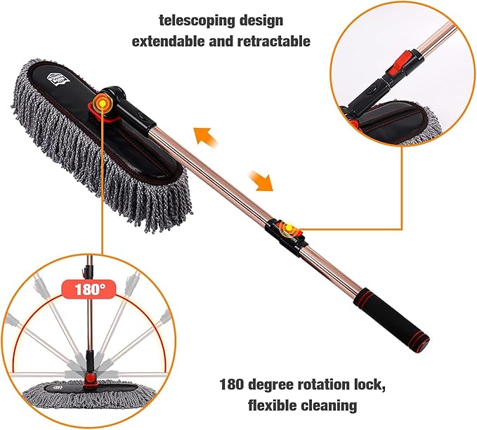 Car Duster Exterior Scratch Free with Extendable Handle,Wax Cotton Hair Car Brush Kit, Auto Detailing Brush for SUV,RV,Truck and Motorcycle,No Lint, Gifts for Men Women