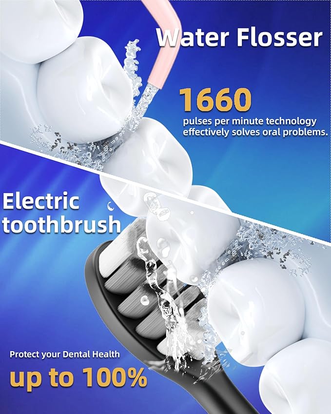 Water Flosser and Electric Toothbrush Combo,2-1 Oral Clean Kit, 5-Speed Sonic Electric Toothbrush & 4-Speed Portable Water Flosser to Clean Teeth and Protect Gum Health, IPX7 (Pink-Set)
