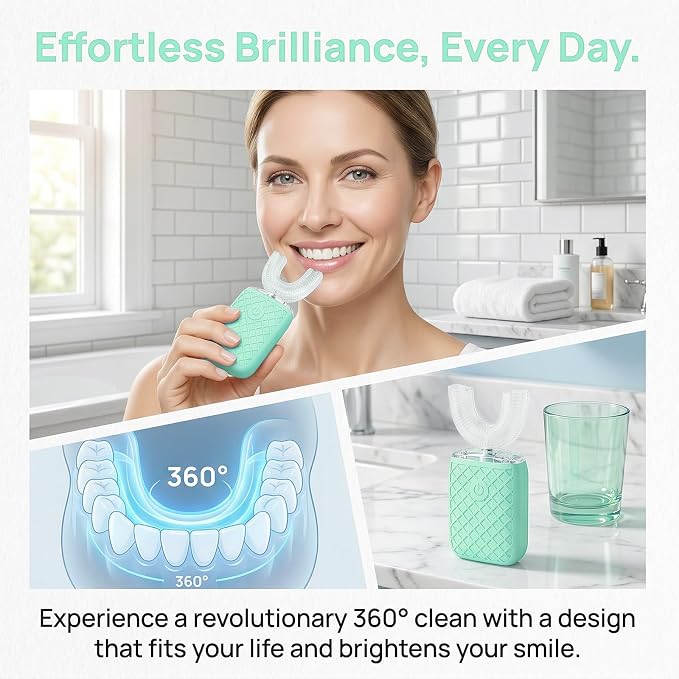 Sonic Electric U Shaped Toothbrush for Adults, Automatic Full Mouth Cleaning Toothbrush, 360° Stain Removal, IPX7 Waterproof Rechargeable, 3 U-Shape & 2 Straight Brush Heads