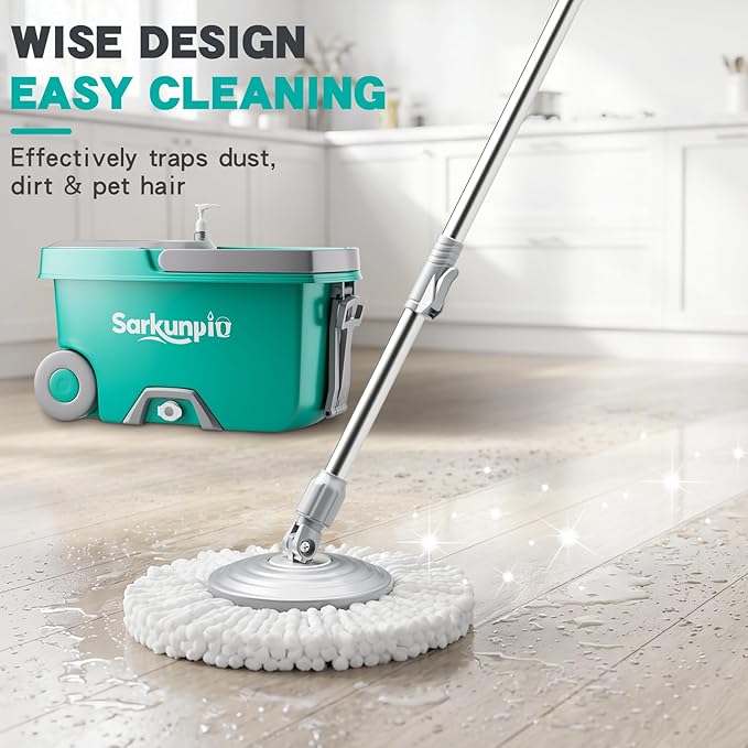Mop and Bucket Set with Wringer, Spin Mop Floor Cleaning System with 6 Replacement Microfiber Heads & 61" Extra-Long Handle for Home Floor, Blue