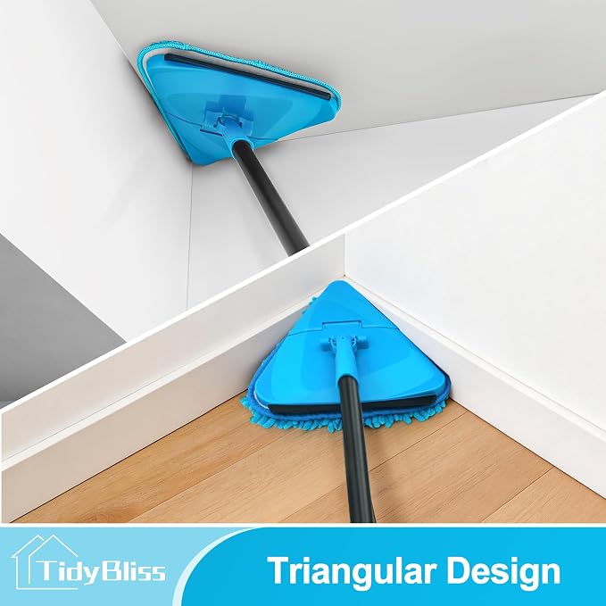 TidyBliss Wall Mop Cleaner with Long Handle 80”, Ceiling Duster Scrubber with 360° Swivel Collapsible Head, Baseboard Cleaning Tool with 4 Chenille and 2 Microfiber Pads for Windows Floor (Blue)