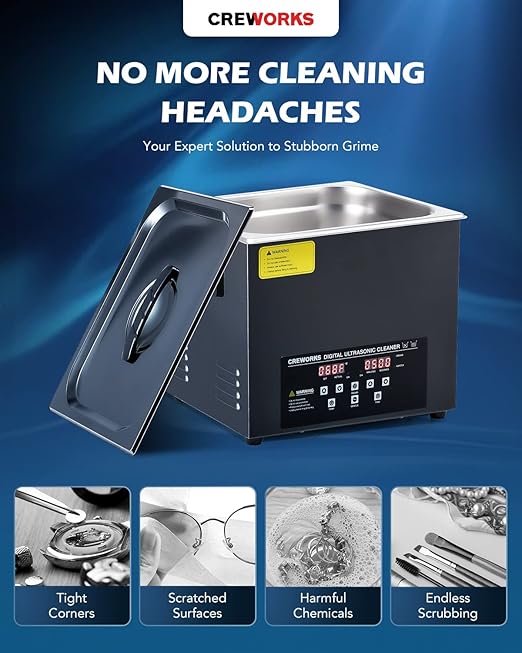 CREWORKS 10L Digital Ultrasonic Cleaning Machine with Degas and Gentle Mode, 240W Ultrasonic Cleaner Machine with Heater and Timer, 2.6 gal Ultrasound Cleaner for Retainer Watch Auto Tool Machine Part