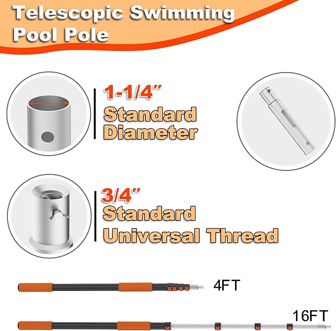 AgiiMan 4-16 FT Telescopic Pool Pole, Swimming Pool Pole with 4 Baffle Locks Durable Aluminium and Vacuum Ports Telescopic Extendable Poles Use with Cleaning Nets, Skimmers, Brushes and More