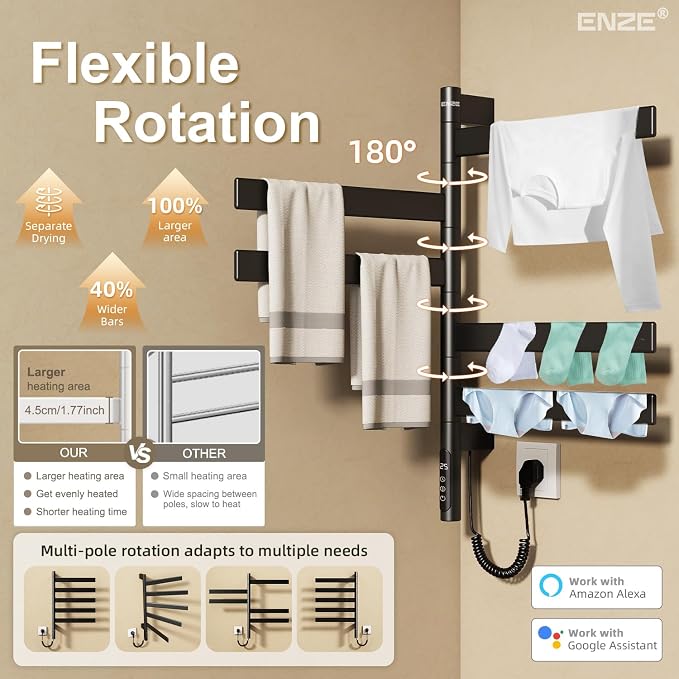 ENZE Smart Rotating Heated Towel Rack for Bathroom, 5-Bar Wall-Mounted Electric Towel Warmer with Swivel Bars, Wi-Fi App Control, 24H Timer, Stainless Steel, IPX5, Hardwired/Plug-in, Matte Black
