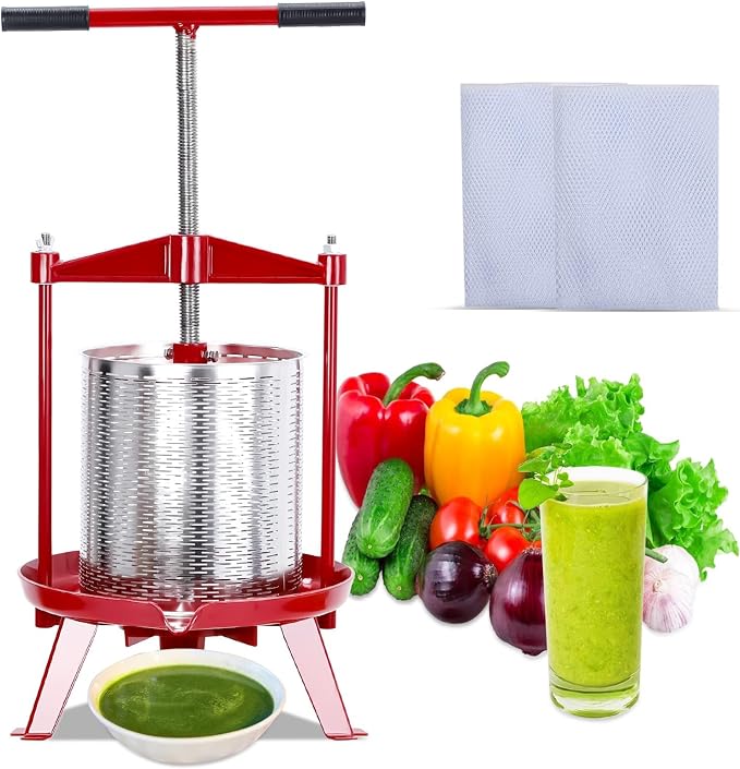 Manual Stainless Steel Fruit & Wine Press, 3.69 Gallon Cider, Juice & Olive Oil Extractor, Food Press for Wine Making Supplies, Cheese, and Vegetable Processing, Easy T-Handle