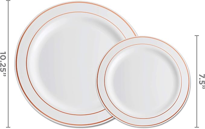 Munfix 100 Rose Gold Rim Plastic Plates Set, 50 Pcs 10 Inch Dinner and 50 Pcs 7 Inch Plastic Dessert Plates, Elegant Fancy Heavy Duty Disposable Plates for Party, Wedding, White Rose Gold Rim