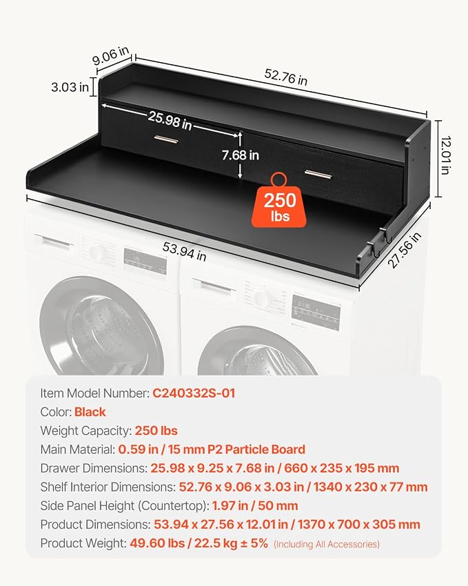VEVOR 2 Drawers Washer Dryer Countertop with Shelf, 54" x 27" Wooden Laundry Countertop with 2 Hooks & Non-Slip Pads, Washer and Dryer Covers for The Top, Laundry Room Organization and Storage, Black