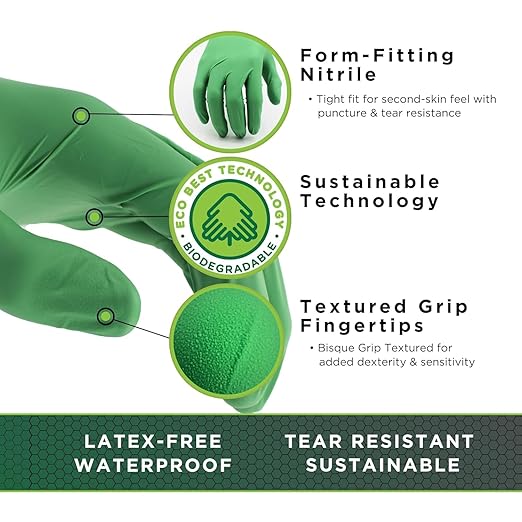 SHOWA 7705PFT Sustainable EBT Latex-Free, Powder-Free, Accelerator-Free, Nitrile Disposable Single Use Safety Gloves, 4 Mil, 9.5" Length, Medium (1 Box/100 Gloves)