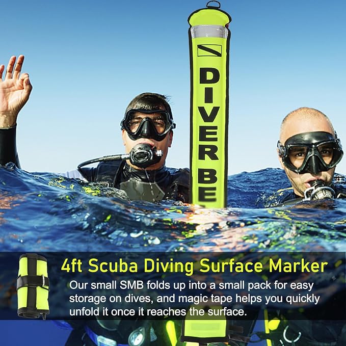 4ft Surface Marker Buoy, Hi-Vi Inflatable Scuba Signal Tube with Reflective Strip, Scuba Diving Open Bottom Float (SMB) for Underwater Diving Snorkeling