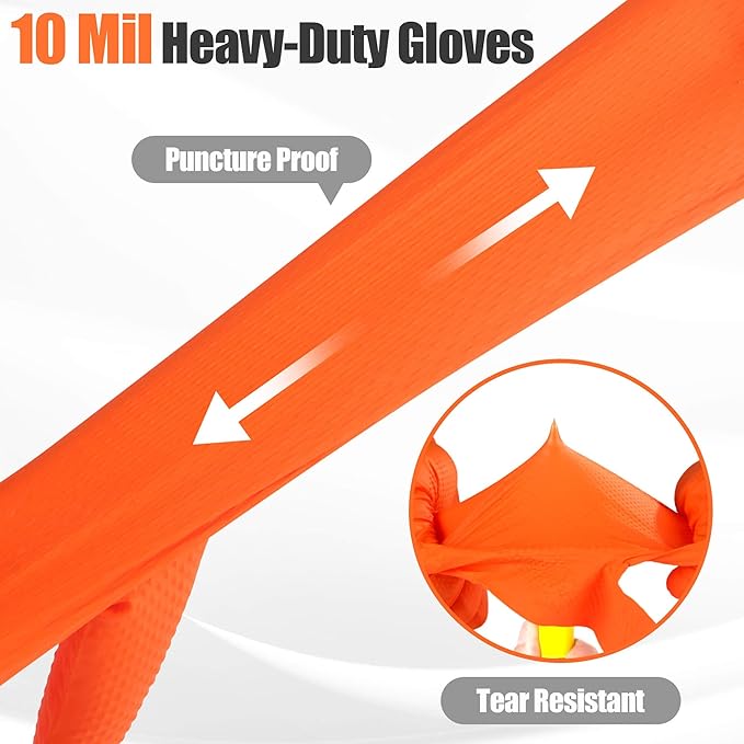 TREEGO 10 Mil Nitrile Gloves XL - Heavy Duty Orange Gloves with Double Diamond Grip, Disposable Mechanic Rubber Gloves, Latex Free Industrial Work Gloves for Garage & Automotive, 50 Count Extra Large