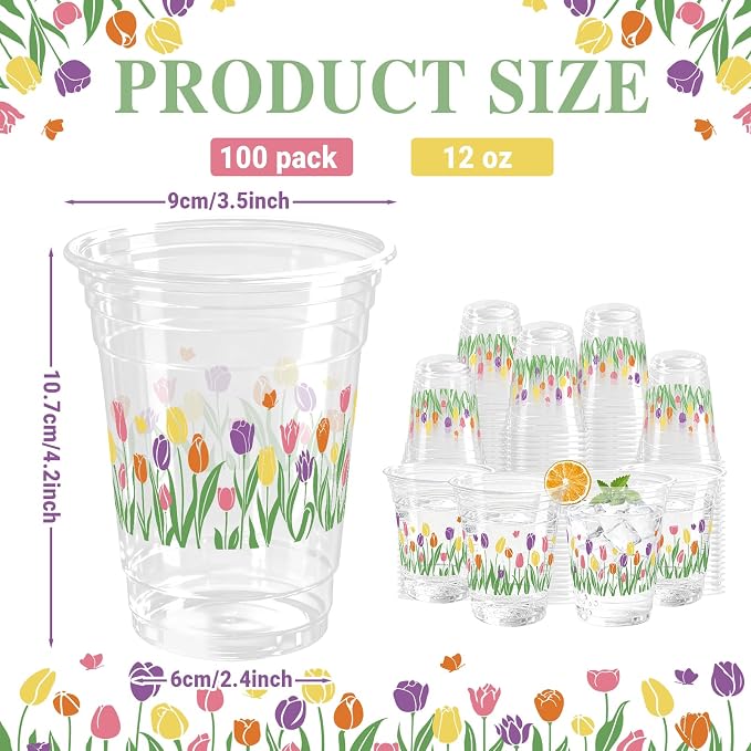 100 Pcs Tulip Floral Plastic Cups 12 oz Easter Floral Drinking Cup Flower Spring Summer Disposable Cold Beverage Cup for Spring Birthday Wedding Baby Shower Party Supplies