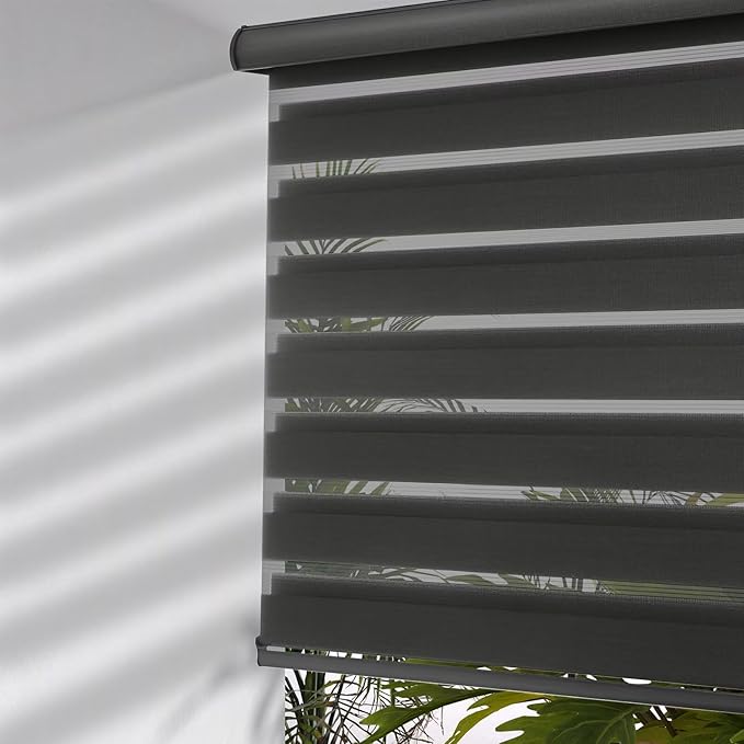 MYshade Cordless Zebra Blinds with Free-Stop Function - Dual Layer Light Filtering & Privacy Sheer Shades for Day and Night - Easy Install Window Shades for Home, Living Room, 42" W x 72" H,Black
