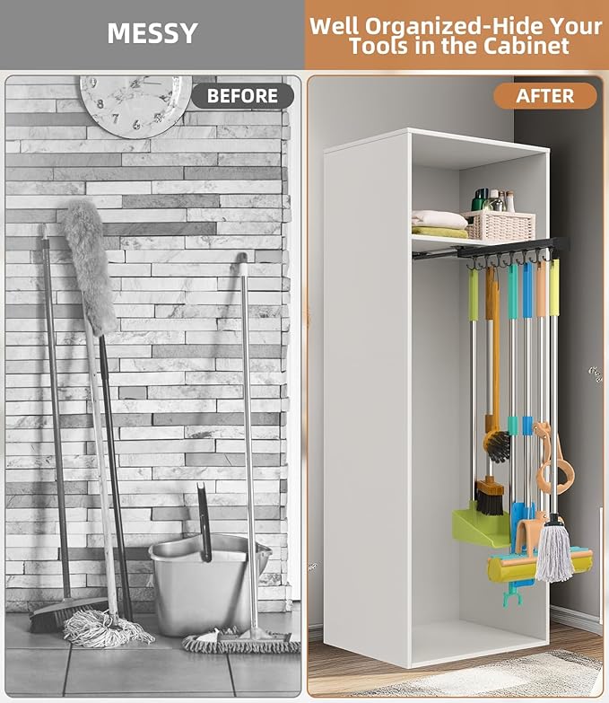 Pull Out Broom Holder With Adjustable Double Row Sliding Hook, Multifunctional Slide Broom And Mop Storage/Organizer Garage Organization Hooks, for Closet Laundry - 41cm/16.14inch
