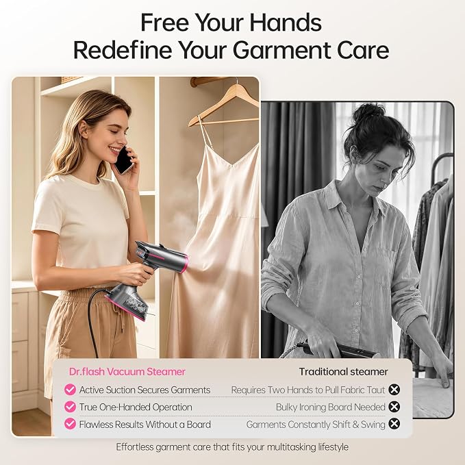Dr.flash Vacuum Steamer for Clothes, 2-in-1 Home Garment Steamer and Iron, 6000Pa Strong Suction, 3 Modes with LED Display, 270ml Tank, Professional Wrinkle Remover (for 110-120V Use)