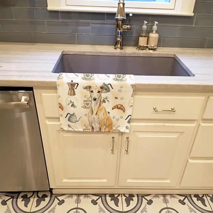Caroline's Treasures Fawn Whippet Coffee Bar Kitchen Towel Velour Plush Front and Cotton Loop Back Machine Washable