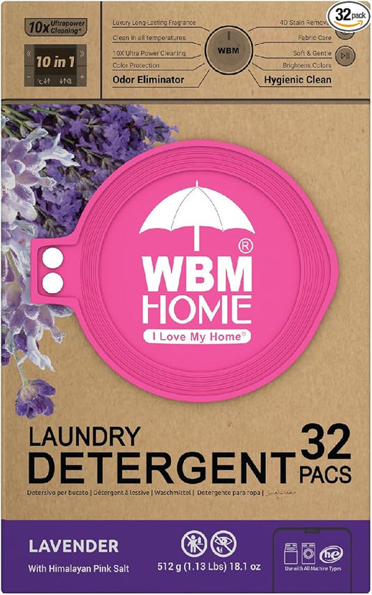 WBM 10-in-1 Laundry Detergent Pods, Fabric Softener with Lavender Extracts, High-Efficiency Laundry Pods with Powerful Stain Lifter Technology - 32 Count Bag